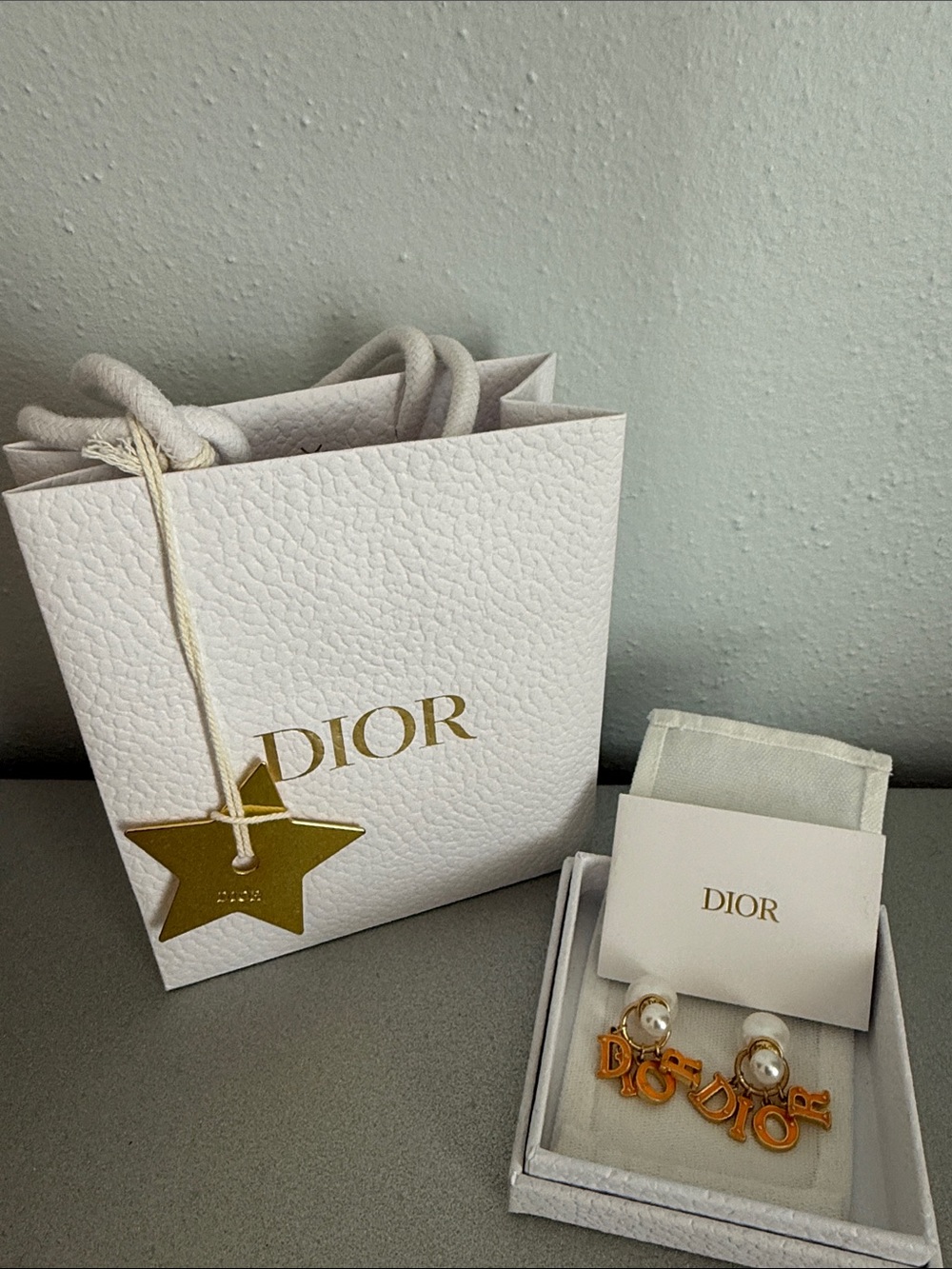 Dior Gold and White Logo Pearl Drop Earrings